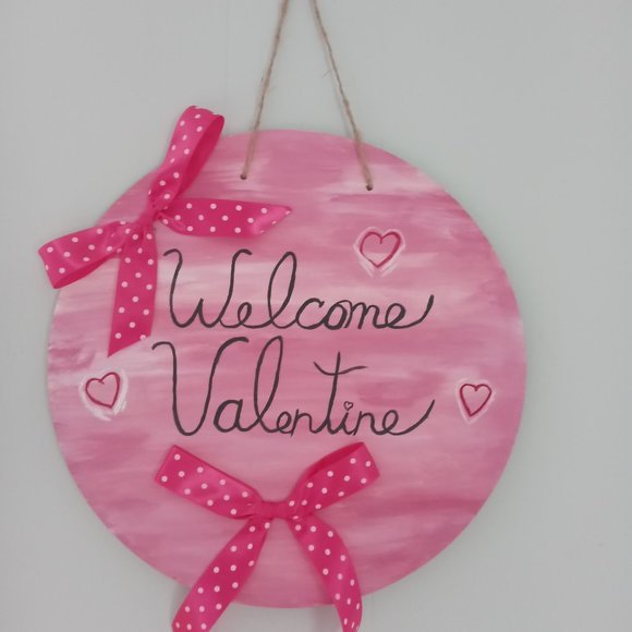 12" Round Pink and White Valentine's Door Hanger, Welcome Sign, Hand Painted - Picture 2 of 2